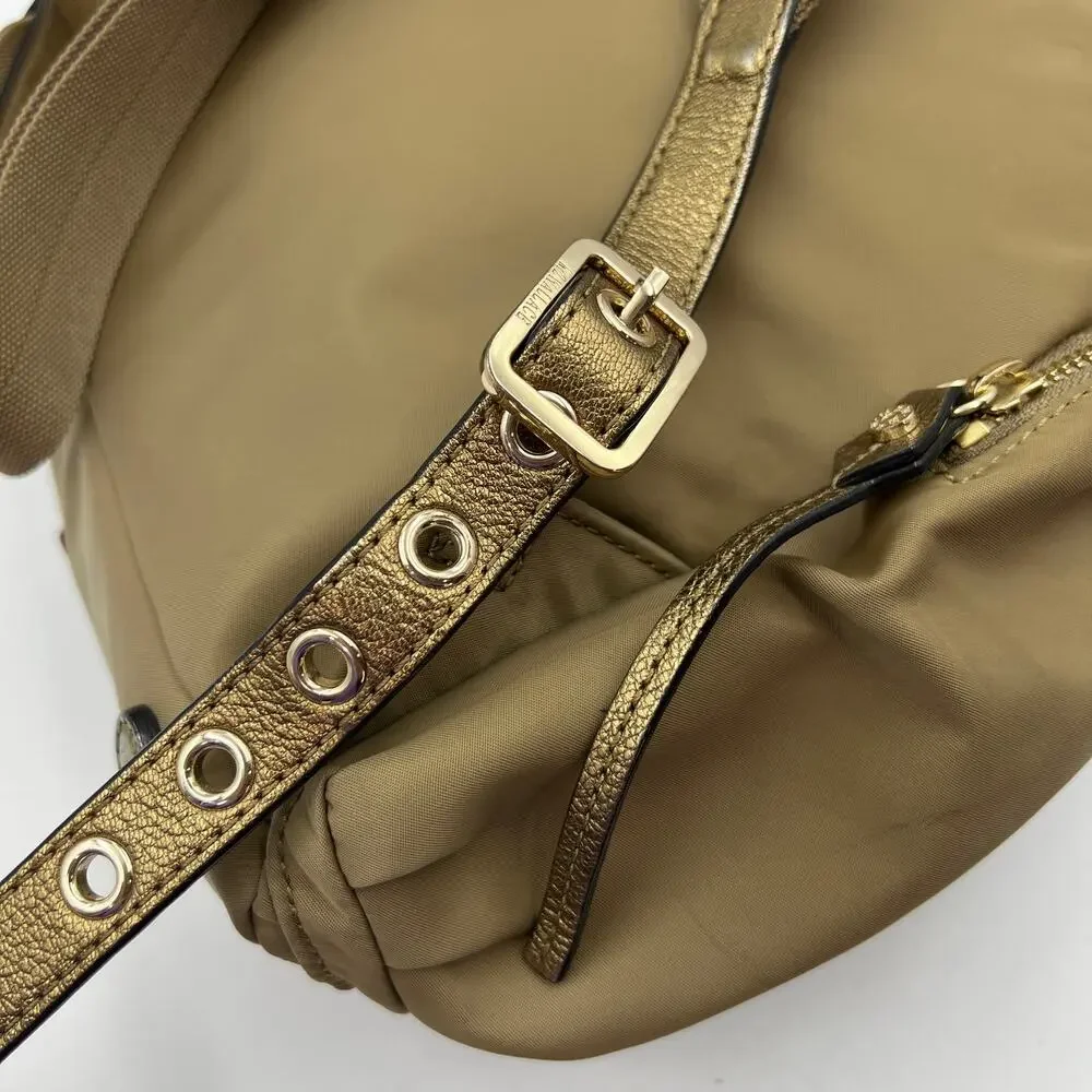 MZ Wallace Marlena Bedford Nylon Drawstring Backpack Tan Metallic Leather Trim